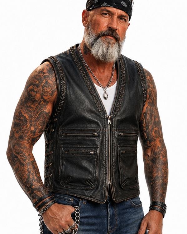 Thor Rubbof Black/Brown Leather Vest Mcv
